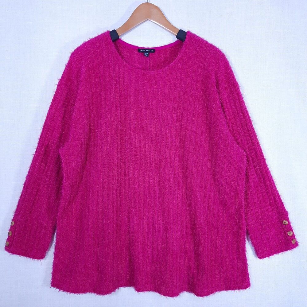 Lane Bryant Eyelash Fuzzy Ribbed Knit Sweater Size 26/28 Soft Cozy Fuchsia Pink
